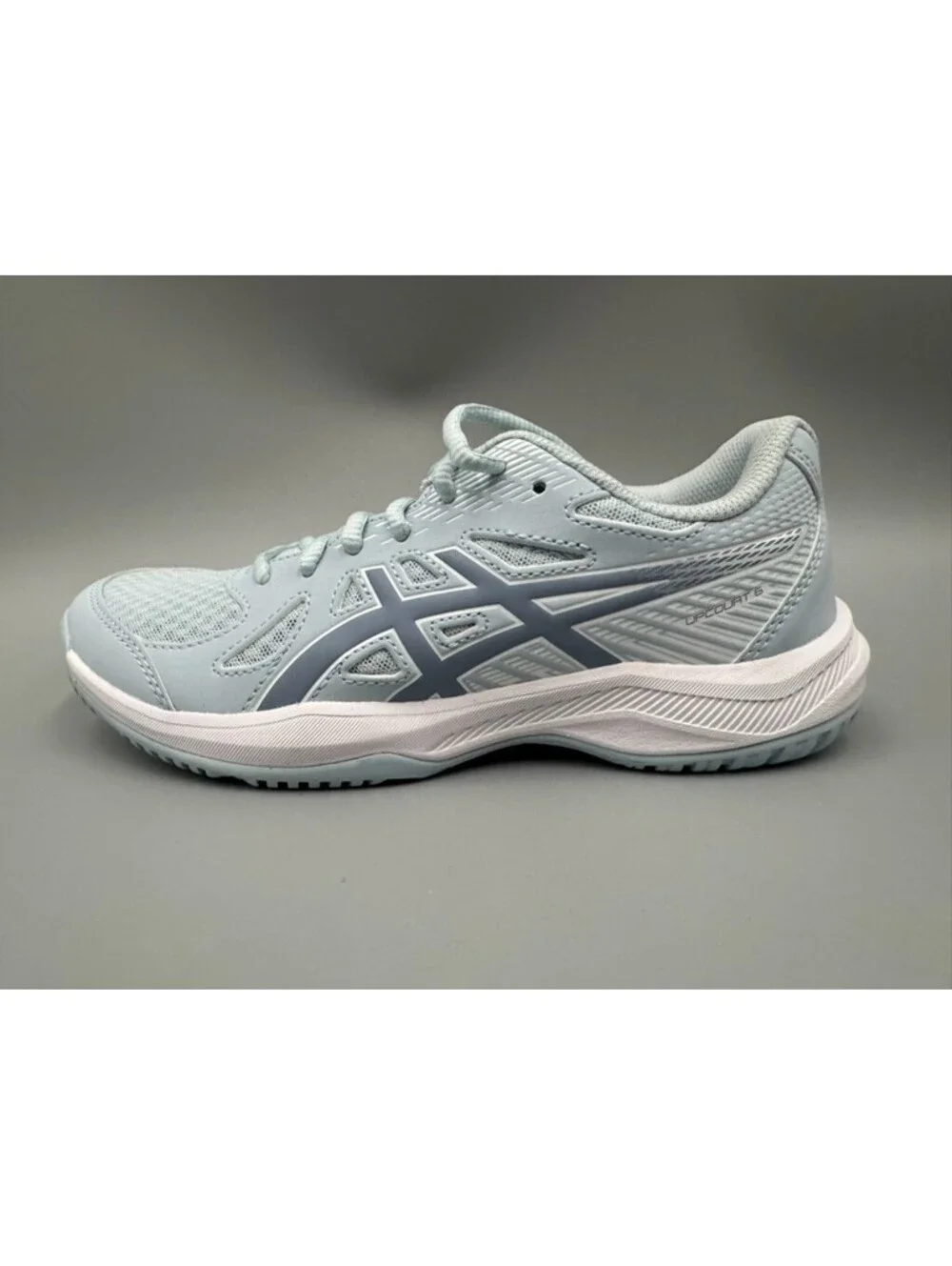 Women’s ASICS Upcourt 6 Volleyball Shoes, Cool Grey/Grey Blue, Size 6.5 w/Box